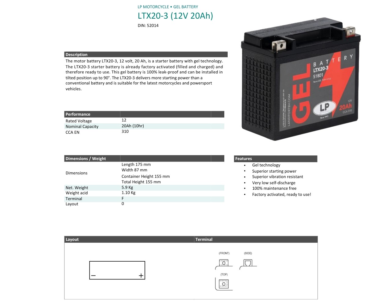 Batteria Moto GEL 12V 20Ah Landport YTX20L-BS foto 6
