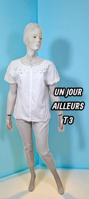 Un jour Ailleurs Taille 40 Superbe blouse manches courtes blanc femme haut top - Photo 1/4