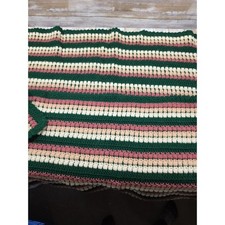Vintage Handmade Crochet Afghan Blanket Green Pink Cream Bobble Stitch Striped