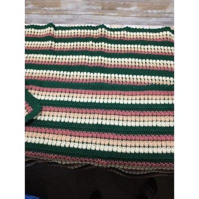 Vintage Handmade Crochet Afghan Blanket Green Pink Cream Bobble Stitch Striped
