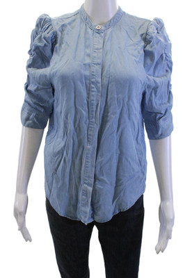 Muche Et Muchette Women Tencel Boho Blue Button Up Blouse 3/4 Sleeve Size S