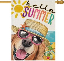 Hello Summer House Flags for Outdoor Decoration, Dog with Sunglass Beach Sun ...