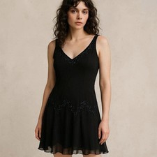 Vintage Whimsigoth Fairy Grunge Alex Evenings Dress Black Chiffon Beaded 14P