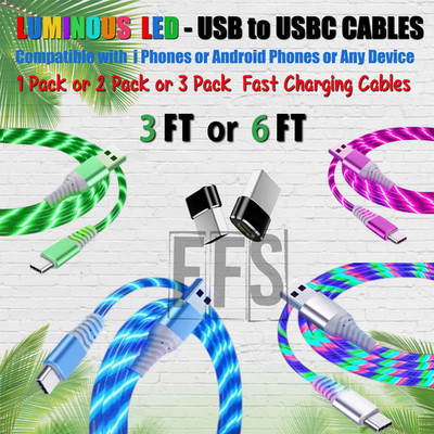 LED USB to Type C USBC Cable Flow Luminous Fast Charger lot Samsung Google iOS