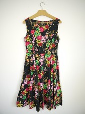 Hearts & Roses Dress Black Vivid Floral Sleeveless Swing 50s Style Size 14