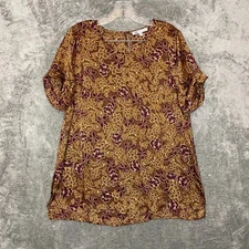 DR2 Women Retro Flower Floral ALine Short Sleeve Satin Dressy Blouse Top L