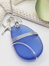 Sea Glass Necklace w/ Deep Periwinkle Blue Pendant Silver Wire Wrapped, Handmade
