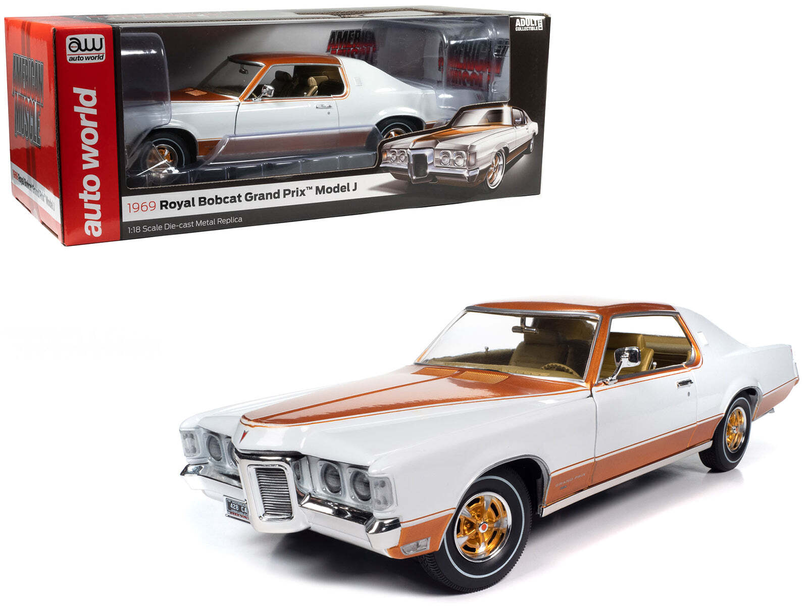 1969 Pontiac Grand Prix Royal Bobcat Diecast Model 1/18 Scale in Cameo White