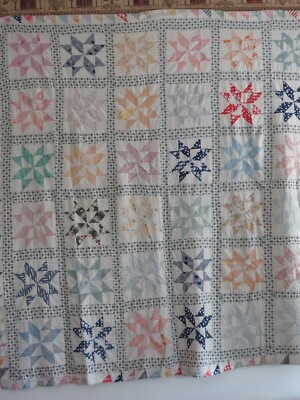 Vtg Quilt Bedspread Handmade Machine Stitched Star Pinwheel Design Farmhouse
