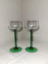 Luminarc France Wine Hock Glasses  with Green Stem 6.5” Tall. Vintage. Set OF 2