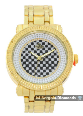 Mens Natural Diamond Gold tone Clubbing Watch Gold-Black-Silver Dial 8'' Bracelet