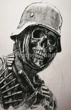 WW2 Picture Photo German Soldier Skull Helmet Drawing  5005
