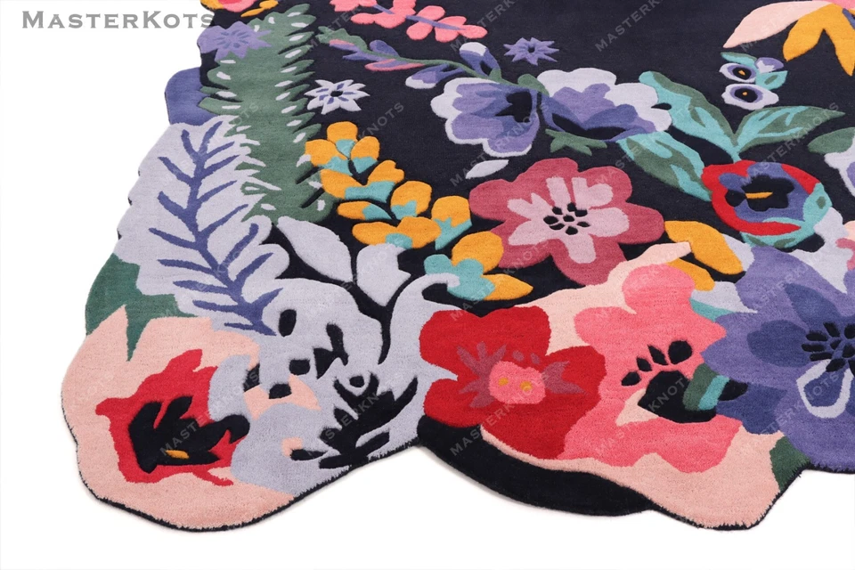 Jardin Floral Navy High & Low Pile Modern Hand-Tufted 100% Wool Area Rug Carpet - Image 3 of 4