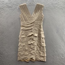 Adrianna Papell Golden Beige Shimmer Tiered Sleeveless V-Neck V-Back Dress Sz 4P