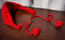 True Vintage Mid Century Handmade Red Knit Tied Headband Ear Warmer w Pom Poms