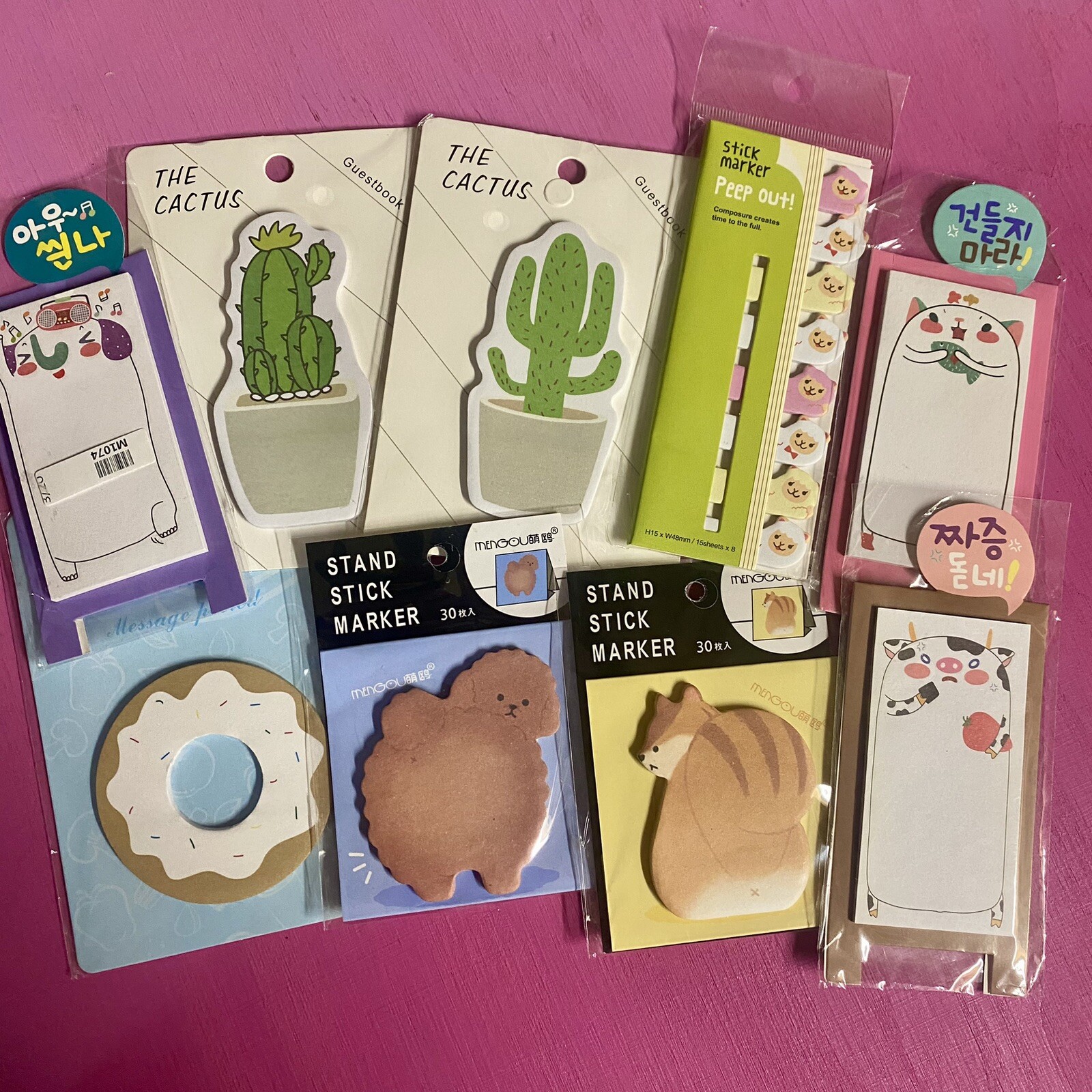 Cute Sticky Notes Lot, Set Of 9 Different Mini Notepads, Dogs Cats, Cactus Donut-image