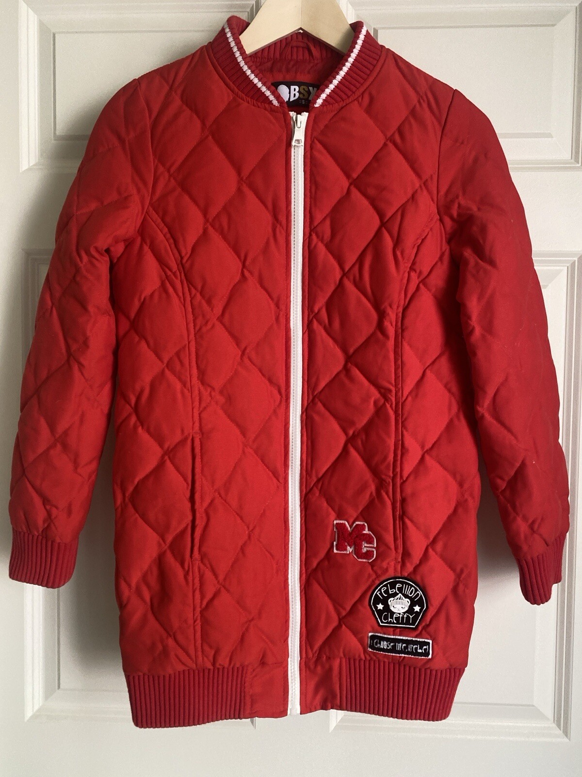 Long Quilt Patch Jacket Size S Down Fill Red BSX … - image 2