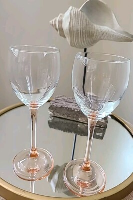 Two- 1960's Unbranded Rose Pink Stem Crystal Wine Glasses 7 3/8'' Tall