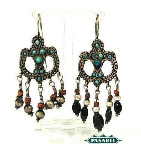 Pendientes colgantes de coral perla turquesa de plata vintage - Imagen 1 de 4