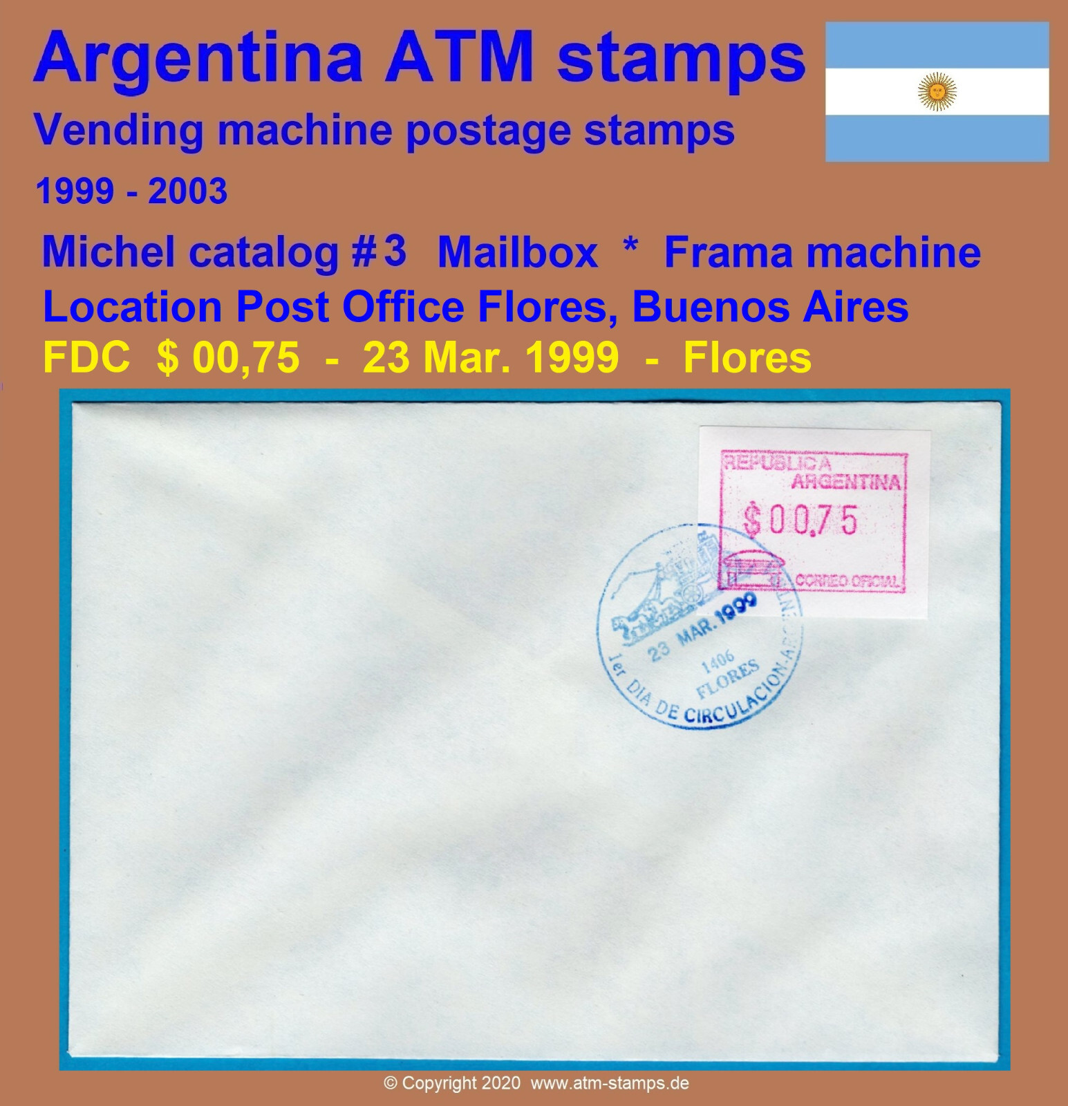 Argentina ATM 3 / mailbox / $0,75 on FDC 23 MAR. 1999 / FRAMA CVP Kiosk stamps