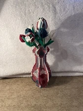 Vintage Unique Needlepoint Canvas Flowers Bouquet Handmade Knitted Tulip Bouquet