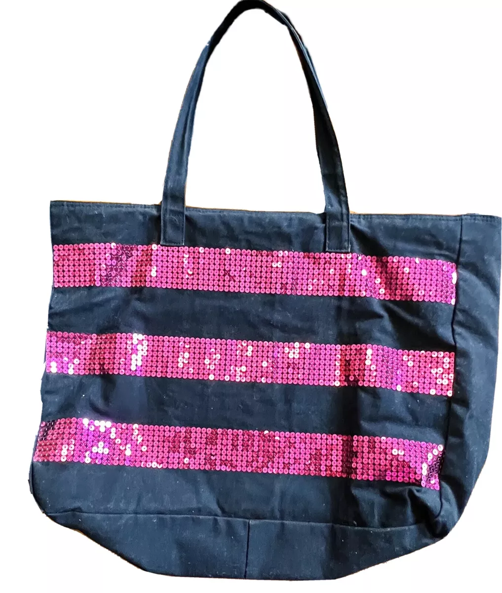 Victorias Secret Getaway Sequin Canvas Large Tote Black Canvas With Pink  Sequins