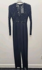 PrettyLittleThing V Neck Lace Top Jumpsuit Black Party Size 10