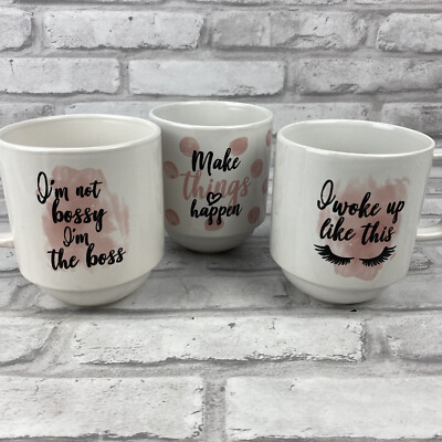 Lets Dine Stoneware Stackable Coffee Mugs Set of 3 Women Pink White Dots Boss