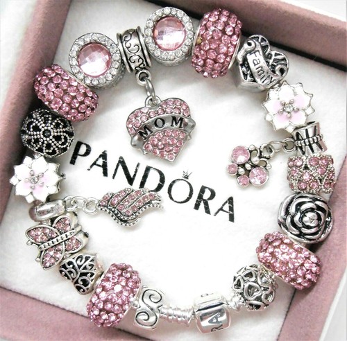 SILVER PANDORA CHARM BRACELET WITH PINK 