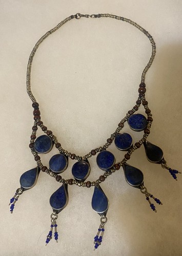 vintage Hand made necklace tribal Blue Lapis Lazuli silver Wood Bead Ceremonial - Picture 3 of 9