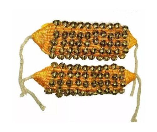 Yellow Pads Ghungroo Pair 4 Lines Of Brass Bells Mounted On Good Quality Ghangru - Picture 2 of 4