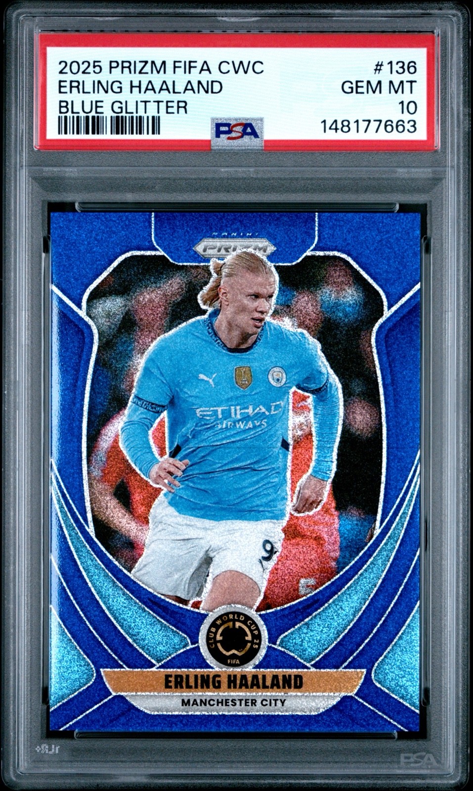 2025 Panini Prizm FIFA CWC Erling Haaland Blue Glitter /149 PSA 10 Gem M