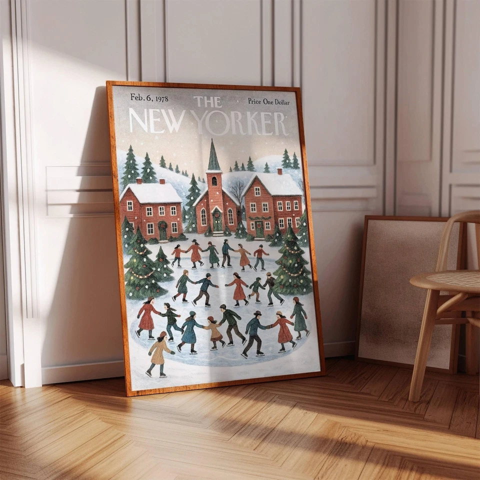 Vintage Christmas Town New Yorker Poster, Snowy Winter Village Holiday Art Print - Изображение 4 из 4