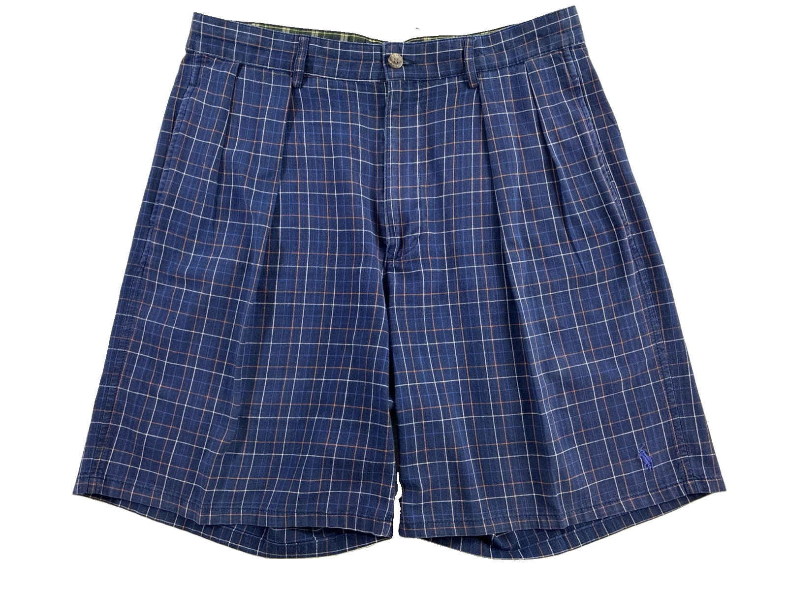 VTG Polo Ralph Lauren Shorts Mens Blue 32 (Fits 30) Plaid Pleated Polo Short