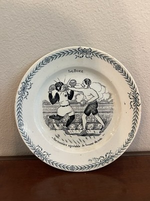 Antique French Transferware Plate  La Boxe  19th C Sarreguemines Satire Rare