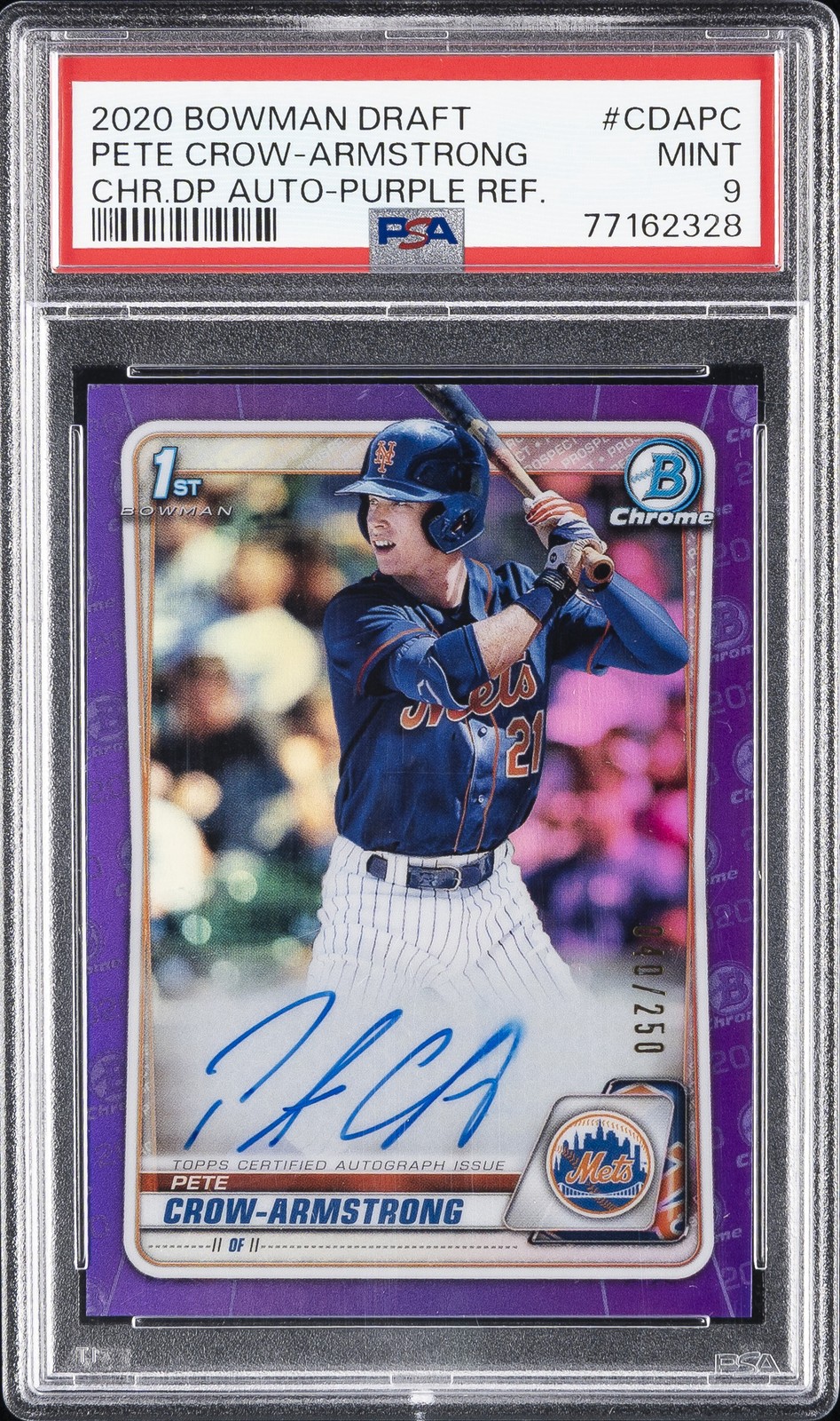 2020 BOWMAN DRAFT CHROME DRAFT PICKS AUTOS PETE CROW-ARMSTRONG 40/250 PSA 9 AUTO