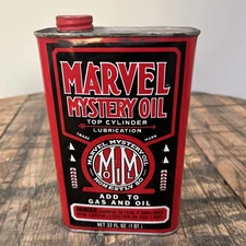Metal Vintage Marvel Mystery Oil Can Top Cylinder Lubrication Additive 32oz 