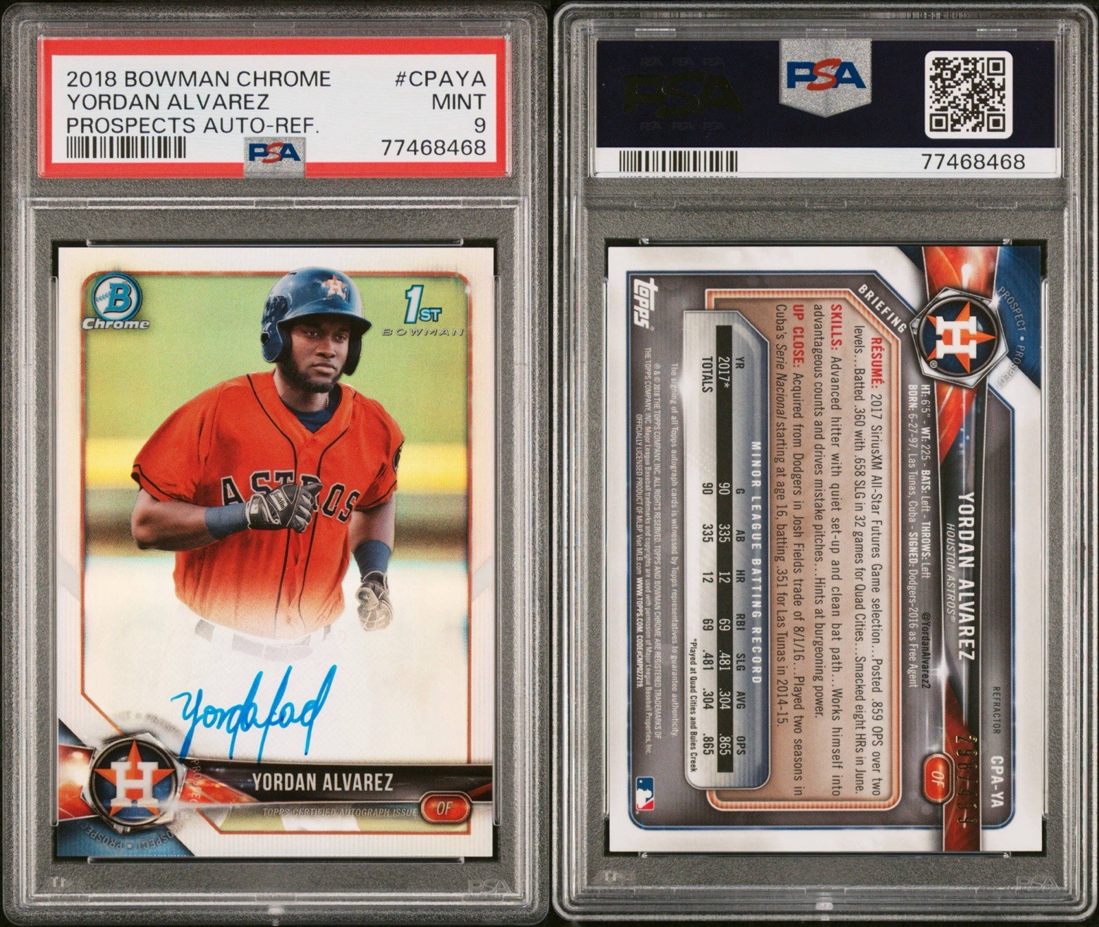 2018 Bowman Chrome Yordan Alvarez Prospect Auto Refractor /499 PSA 9 MINT Astros view 3