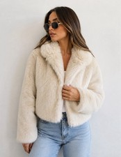 Cream Faux Fur Teddy Jacket Women's S Zip Up Fuzzy Ivory Plush Coat Cozy Winter