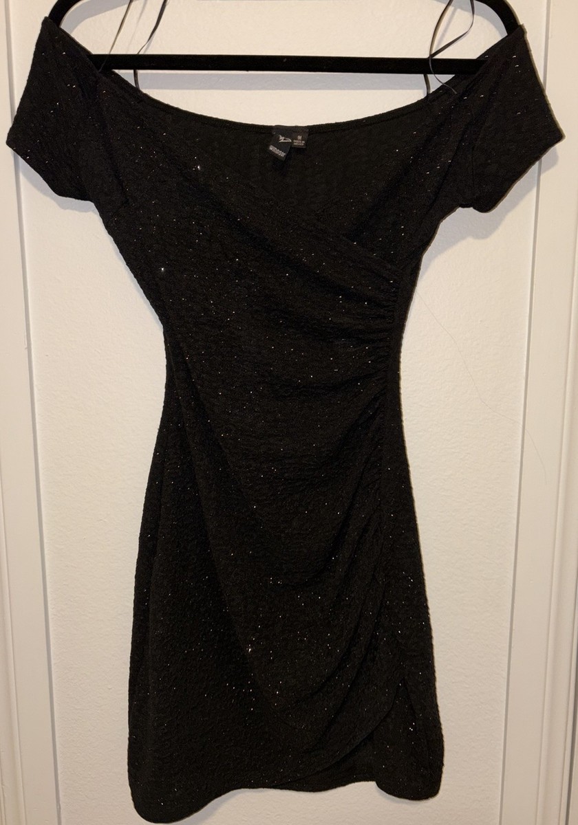 Windsor Medium Black Glitter Off Shoulder Ruched Stretch Mini Bodycon Dress