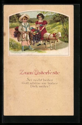 Postcard For Easter, children and lamb pulling a cart full of Easter eggs 