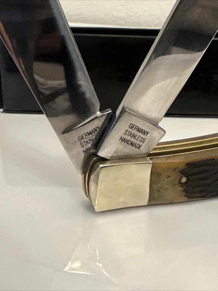 CUCHILLO TRAMPERO VINTAGE ALEMÁN TORO CIERVO ACERO INOXIDABLE TAMAÑO COMPLETO Nuevo Foto 3 de 4