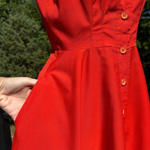 Vintage 60s Tomato Red Full Circle Skirt Shirtwaist Dress + Pockets XS S - Picture 6 of 8