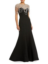 Mac Duggal Black Long Dress 4 Gown Mermaid Illusion Neck Pearls Christals Beads