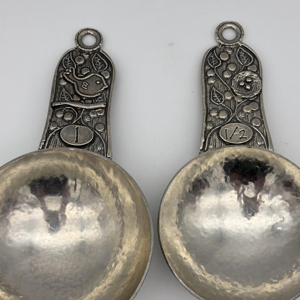 Crosby & Taylor Pewter Measuring Cup Set of 4 Hammered Bird Floral Kitchen Decor - Image 3 of 4