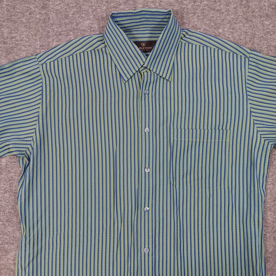 Camisa Bugatchi Uomo Para Hombre Mediana Azul Verde Rayas Manga Corta Abotonada Corea Foto 3 de 4