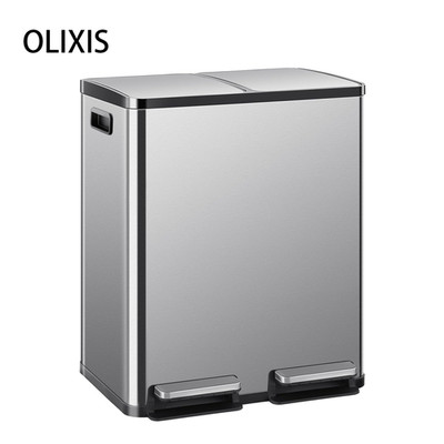 OLIXIS 60L Stainless Steel Trash Garbage Can w/Lid,Two Plastic Inner Bins,Silver