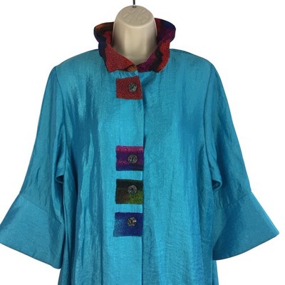 $159 Damee Inc XL Shimmer Turquoise A-Line Jacket Colorful Wire Collar Artsy NEW