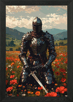 Ritter in Rüstung im Blumenfeld gerahmtes Wandbild Poster Leinwanddruck Bild