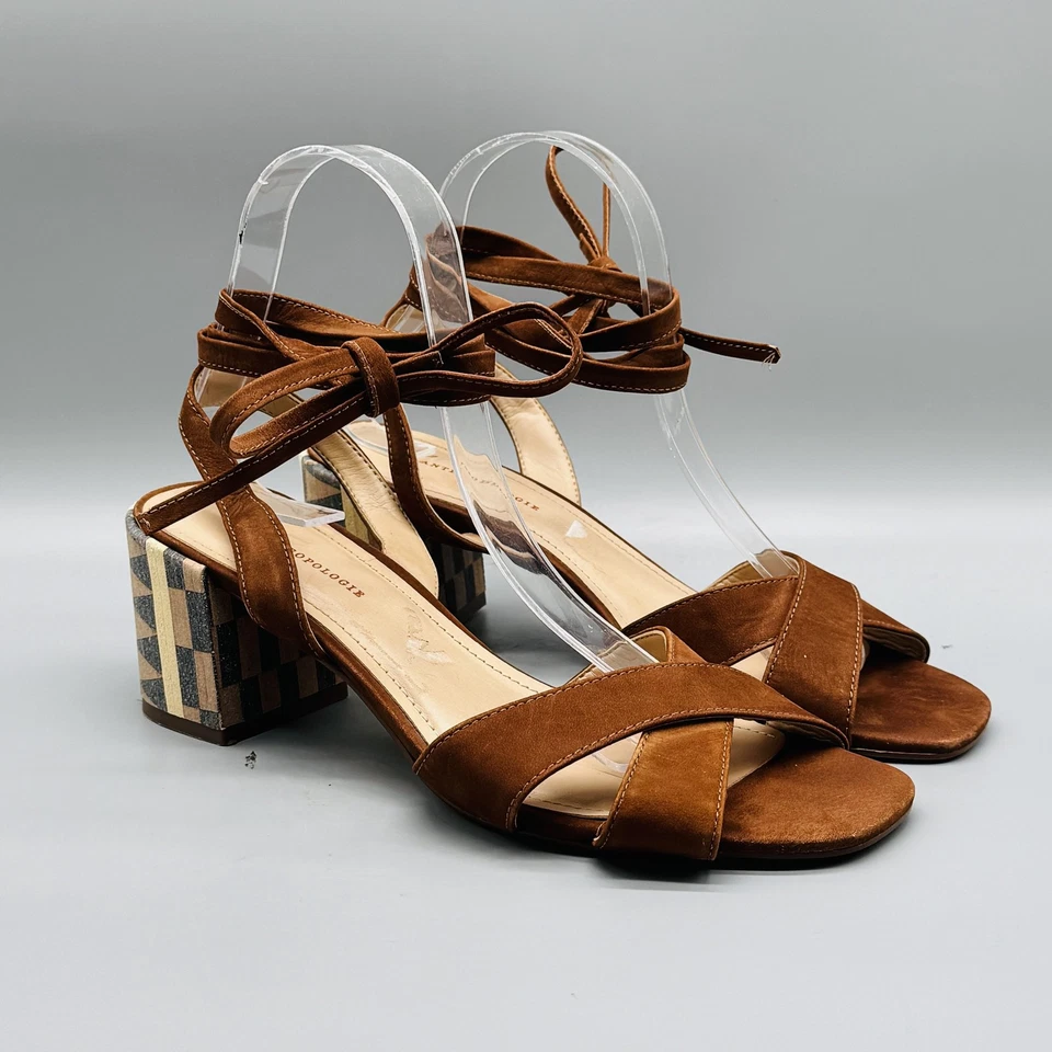 Anthropologie Zapatos Mujer 9 Marrón Gamuza Tacón Bloque Envoltura al Tobillo Sandalias de Verano Foto 2 de 4